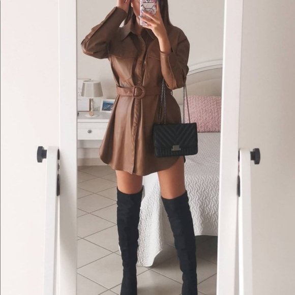 Zara Faux Leather Belted Overshirt Dress - Picture 6 of 16
